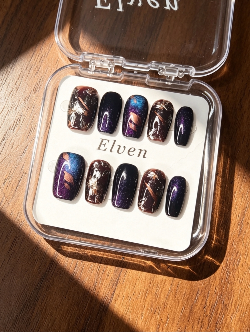 Elven Ombre Cat Eye Handmade Short Square Press On Nails in Purple & Brown
